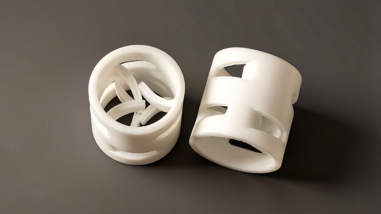 Close-up of Fxsino PTFE Pall Ring showing smooth surface finish and structural integrity